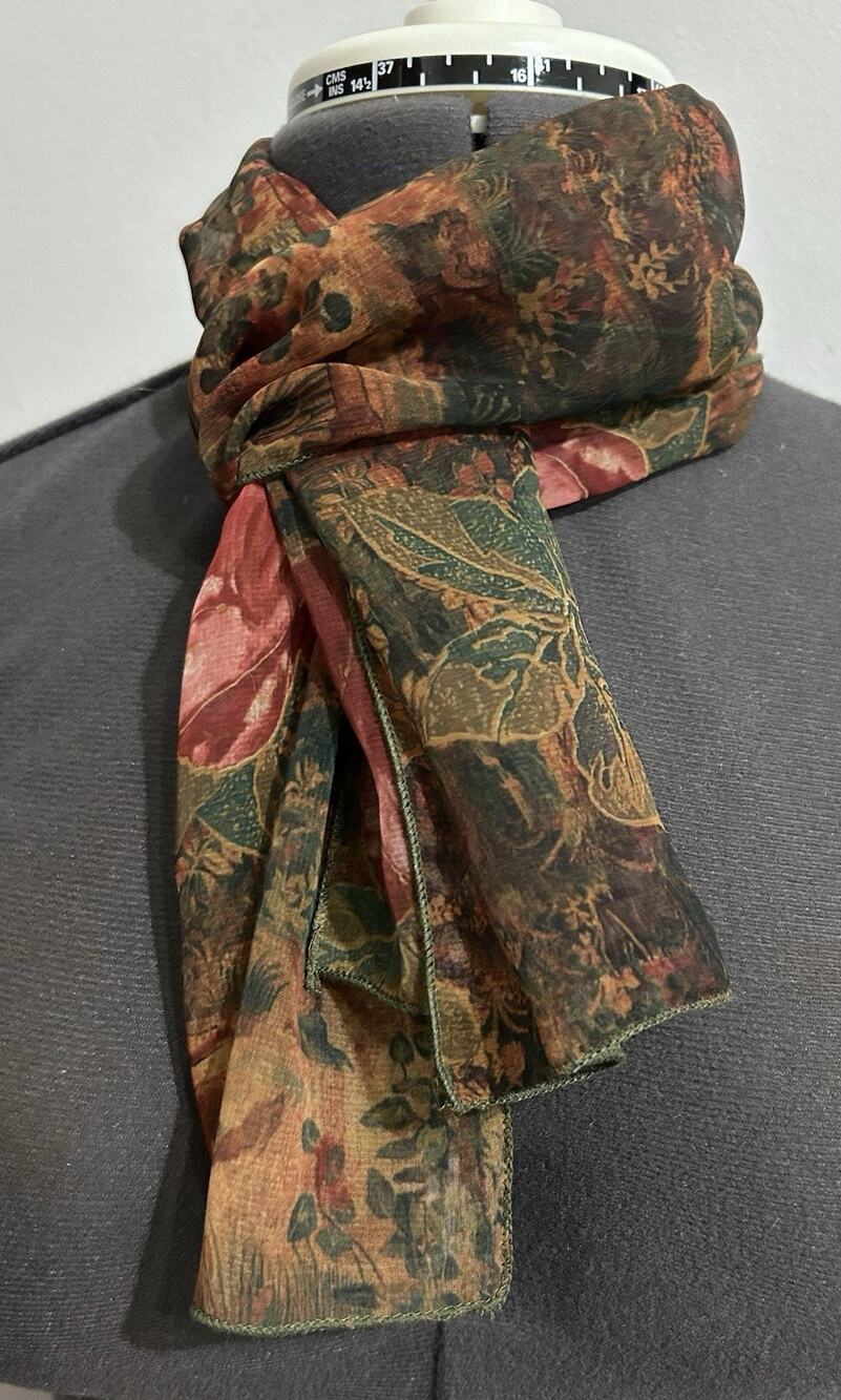 Unbranded Floral Sheer Rectangular Scarf 10 X 52 Orange Olive Rust Autumnal Poly